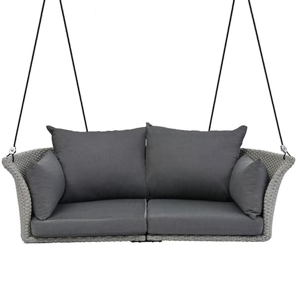 BTMWAY 2-Person Gray PE Wicker Outdoor Porch Swing with Ropes, Patio Swing Chair Loveseat with Dark Gray Cushion