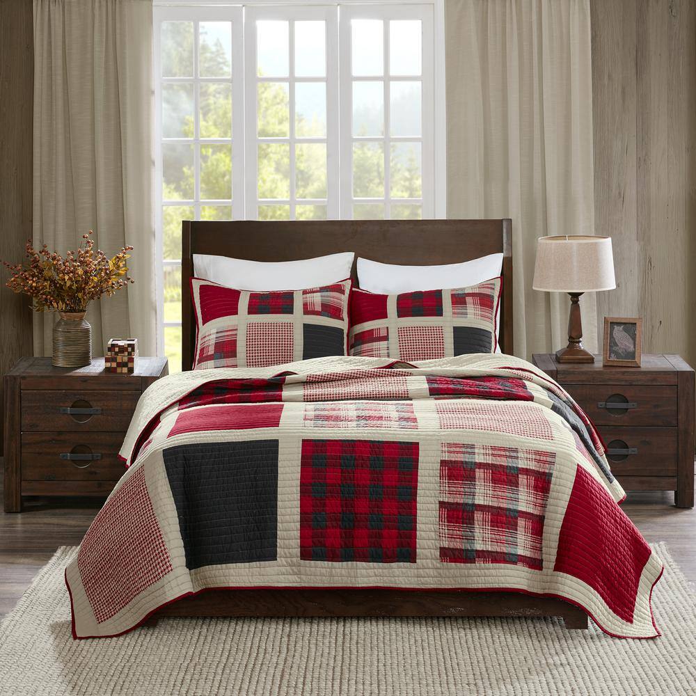 Red Cotton Reversible King Quilt Set with Shams