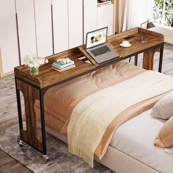 Moronia 70.9 in. Rectangular Brown Wood Overbed Desk with Wheel, Queen Size Bed Table with Adjustable Tilt Board