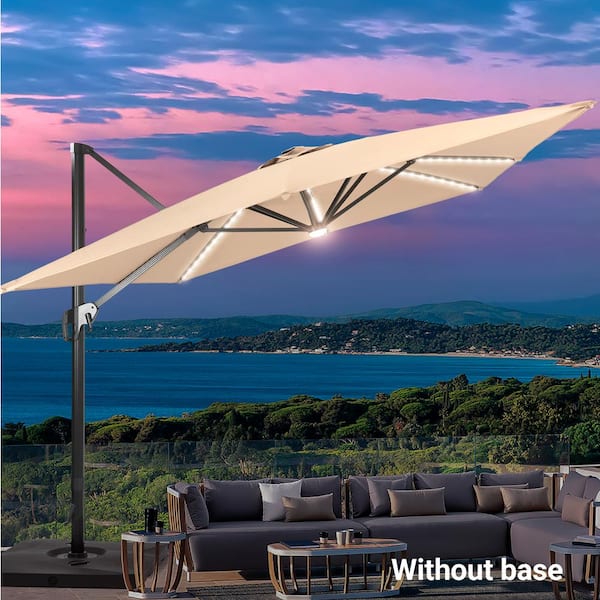 JOYESERY 11.5 x 9 ft. Rectangular Aluminum Pole Cantilever LED Patio Umbrella Solution-Dyed Fabric, Sand