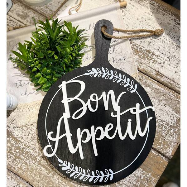 Parisloft Bon Appetit Bread-board Shaped Wood Wall Decorative Sign, Black and White