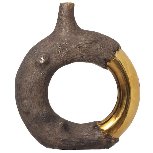 11 in. Glass Ring Vase with Open Circle Design, Contemporary Decorative Centerpiece Accent Small, Brown