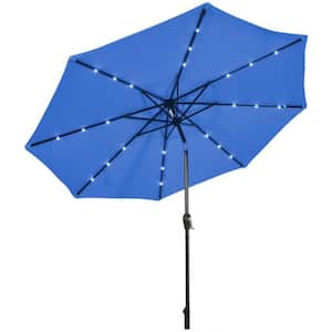 10 ft. Iron Market Solar LED Lighted Tilt Patio Outdoor Umbrella in Blue with Crank