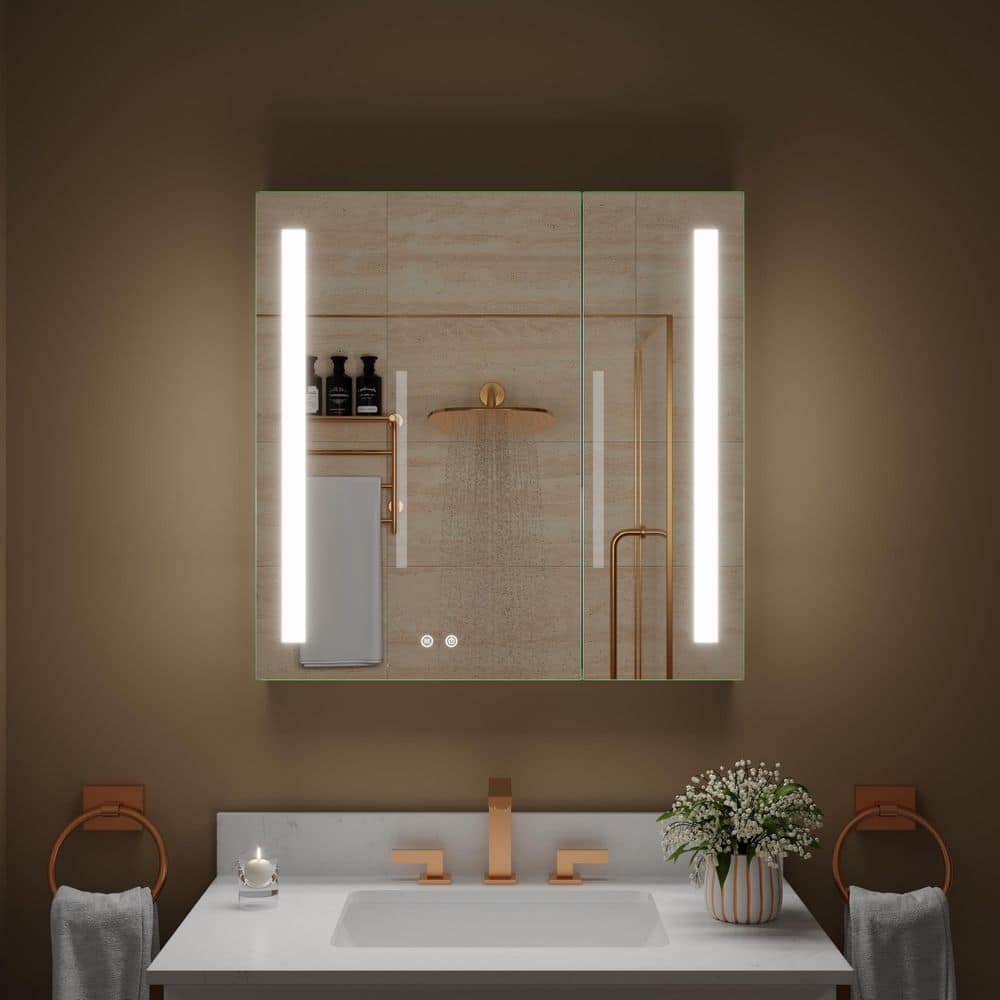 30 in. W x 30 in. H Rectangular Recessed Surface Mount Bathroom Medicine Cabinet with Mirror, 2 Door, Outlets, USB Ports price history on PriceWatchPro