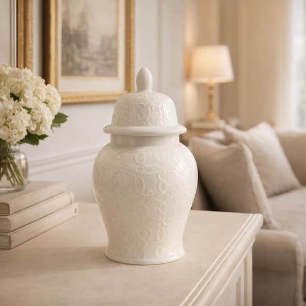 10 in. Ivory Ceramic Decorative Ginger Jar