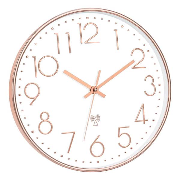 Afoxsos 12 in. Rose Gold  and  White Analog Plastic Battery Operated Self Setting Atomic Wall Clock