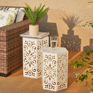 19.25 in. White Iron Floral Pattern Hexagonal Garden Stool/ Planter Stand/ Accent Table Kits and Accessories (2-pack)