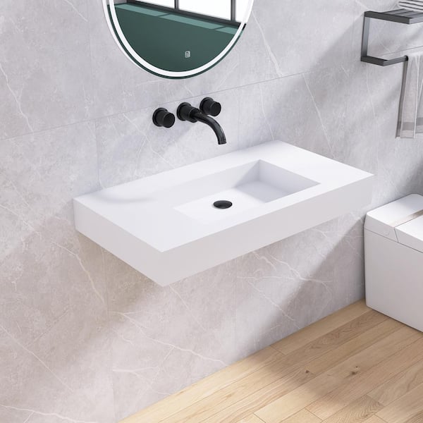 MEDUNJESS 35 in. x 19 in. Solid Surface Wall-Mounted Bathroom Vessel Sink in White