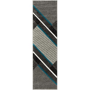 Hollywood Gray/Teal 2 ft. x 10 ft. Striped Solid Abstract Runner Rug