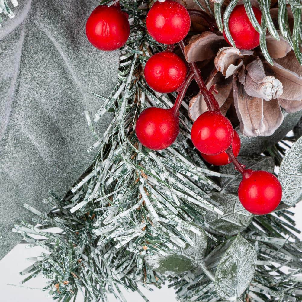 Snowy Pine Christmas Wreath with Red Bow and Pinecones