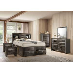Lanten 6-Piece Gray Wood Frame King Platform Bedroom Set with Footboard and Side Rail Drawers, Headboard Bookcase