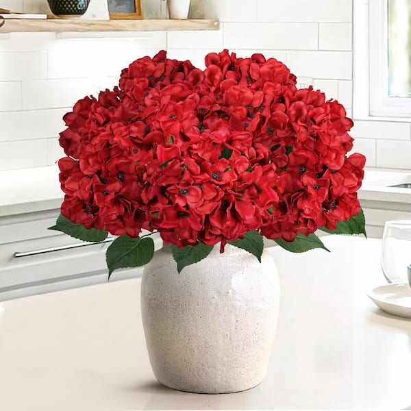 20 in. Deluxe Red Artificial Hydrangea Flower Stem Bush Bouquet (Set of 2)