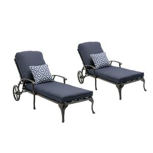 Antique Bronze 2-Piece Aluminum Adjustable Reclining Outdoor Chaise Lounge with Blue Cushion and Pillows (Set of 2)