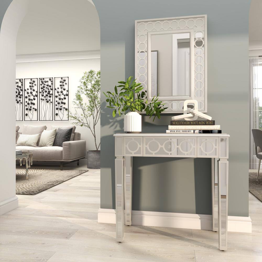 Silver Mirrored Wood and Glass Console Table with Storage