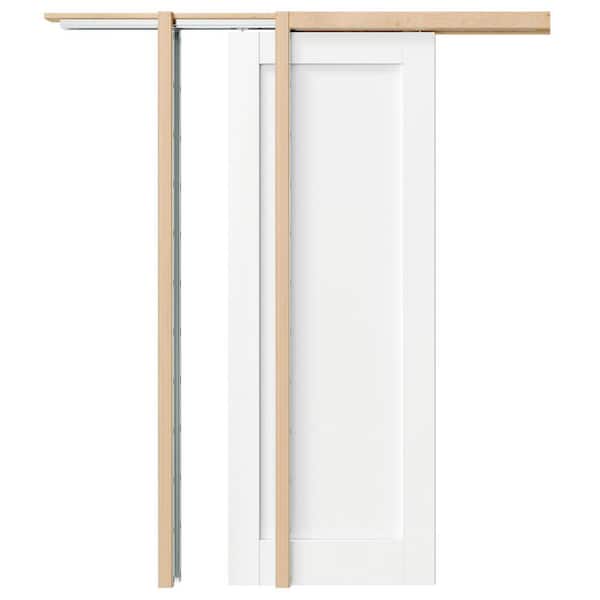 28 in. x 80 in. White Primed Interior Doors, Composite 1-Panel Core Pocket Door with Soft Close, Frame and Hardware