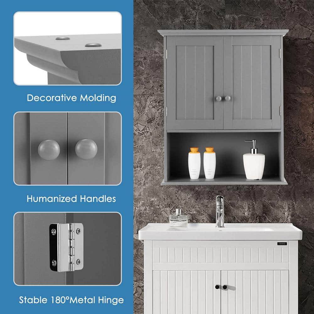 Gray MDF and Particle Board Bathroom Storage Wall Cabinet with 2 Doors and 3 Shelves