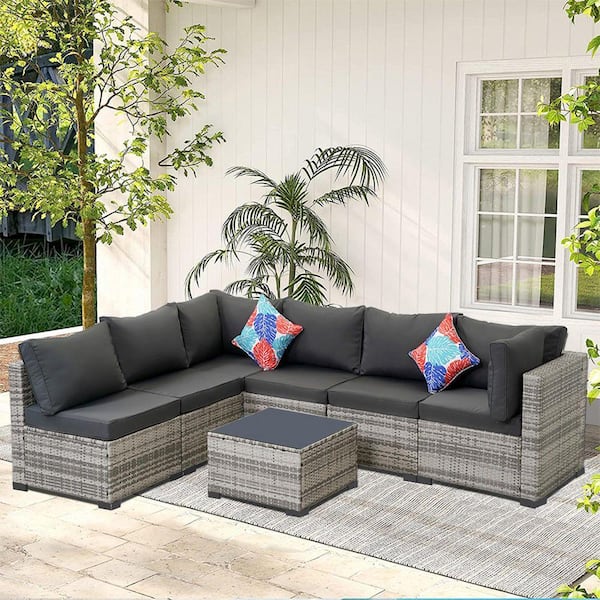 7-Piece Brown Wicker Outdoor Sectional Set with Blue Cushions for Garden Backyard
