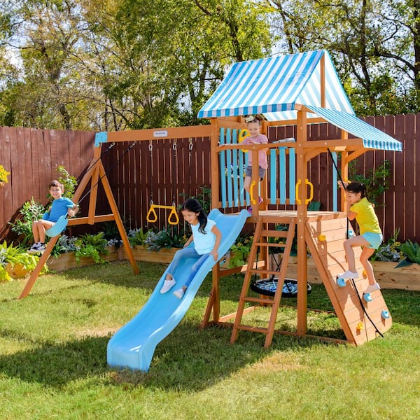 Teamson Kids Laguna Wooden Playset with Belt and Web Swing Slide