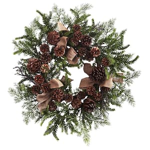 24in. Pine and Pine Cone Artificial Wreath with Burlap Bows