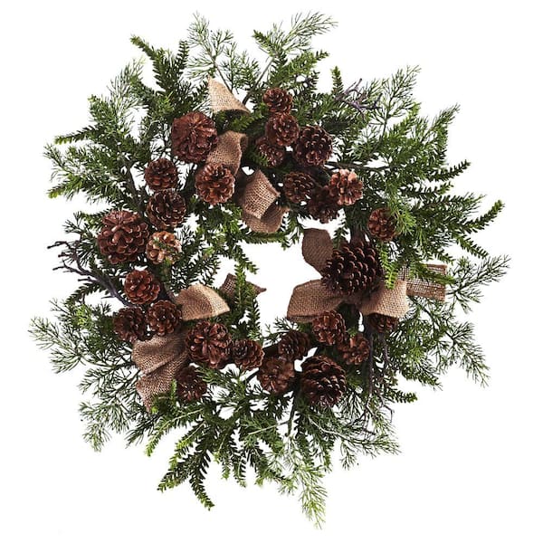 Nearly Natural 24in. Pine and Pine Cone Artificial Wreath with Burlap Bows