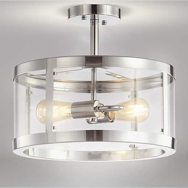 JONATHAN Y Herndon 15 in. Chrome 2-Light Iron/Glass Modern Drum LED Flush Mount