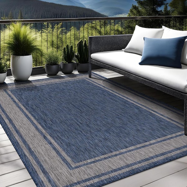 Essence Navy/Silver 5 ft. x 7 ft. Bordered Easy to Clean Indoor Outdoor Area Rug