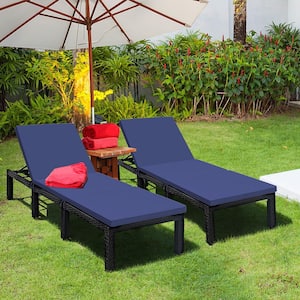 Rattan Patio Outdoor Lounge Chair Chaise Recliner Adjust with Navy and Off White Cover Cushions (2-Pack)