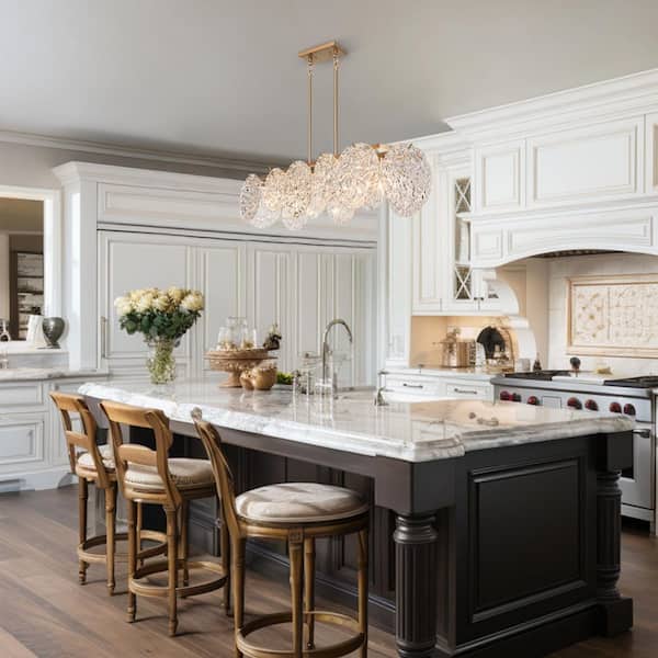 33 in. 5-Light Dark Gold Island Chandelier Lighting, Modern Farmhouse Pendant Light with Water Ripple Clear Glass Shade