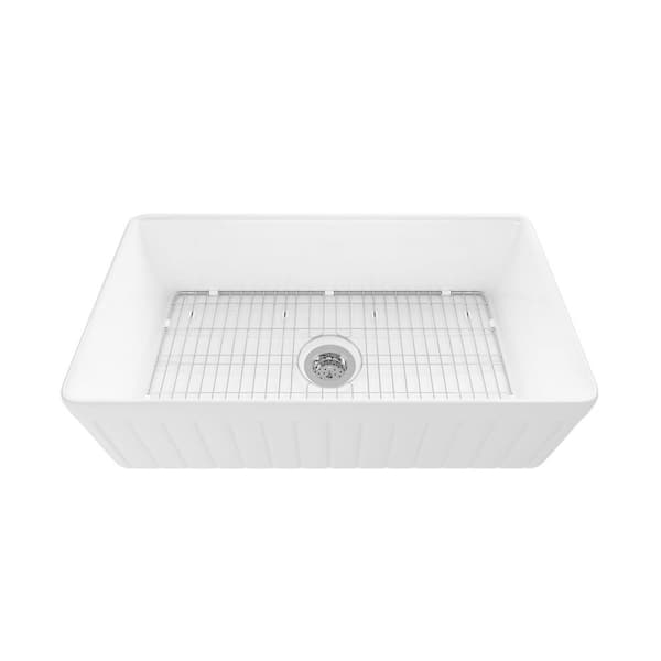 Malibu Crisp White 33 in. Farmhouse Apron Single Bowl Fireclay Kitchen Sink with Bottom Grid and Basket Strainer