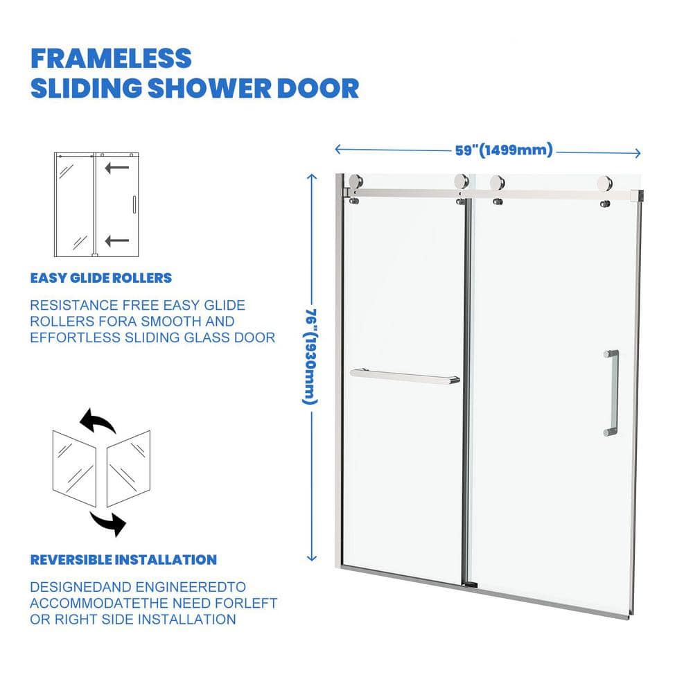 Oceanus 55''-59'' Frameless Clear Tempered Glass Shower Door