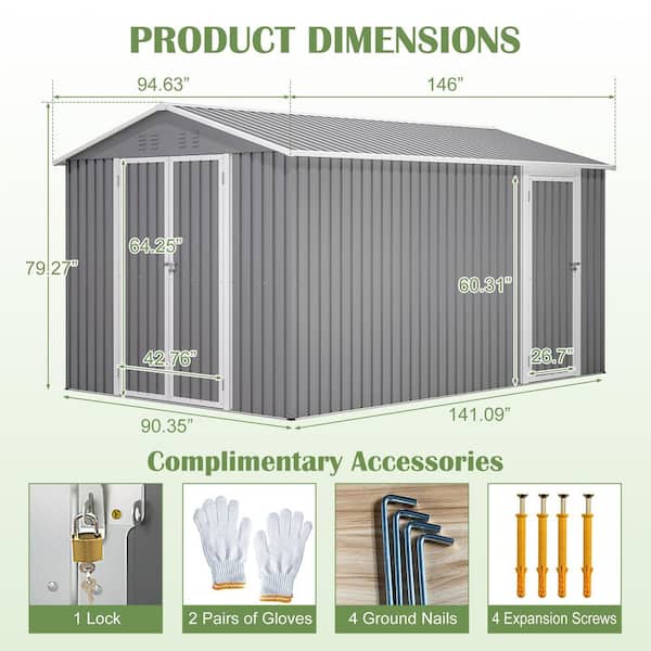 8 ft. W x 12 ft. D Metal Shed with Additional Side Door, Lockable