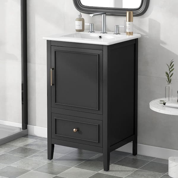 20 in. Freestanding Black Bath Vanity with White Ceramic Top and Door Shelf Storage