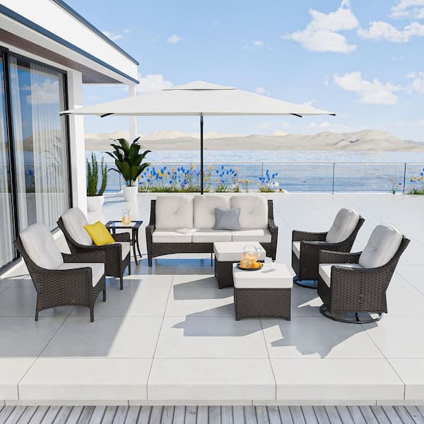 COOS BAY Brown 8-Piece Wicker Patio Conversation Set with Swivel Rocking Chairs, Outdoor Sofa Seating Set with Beige Cushions