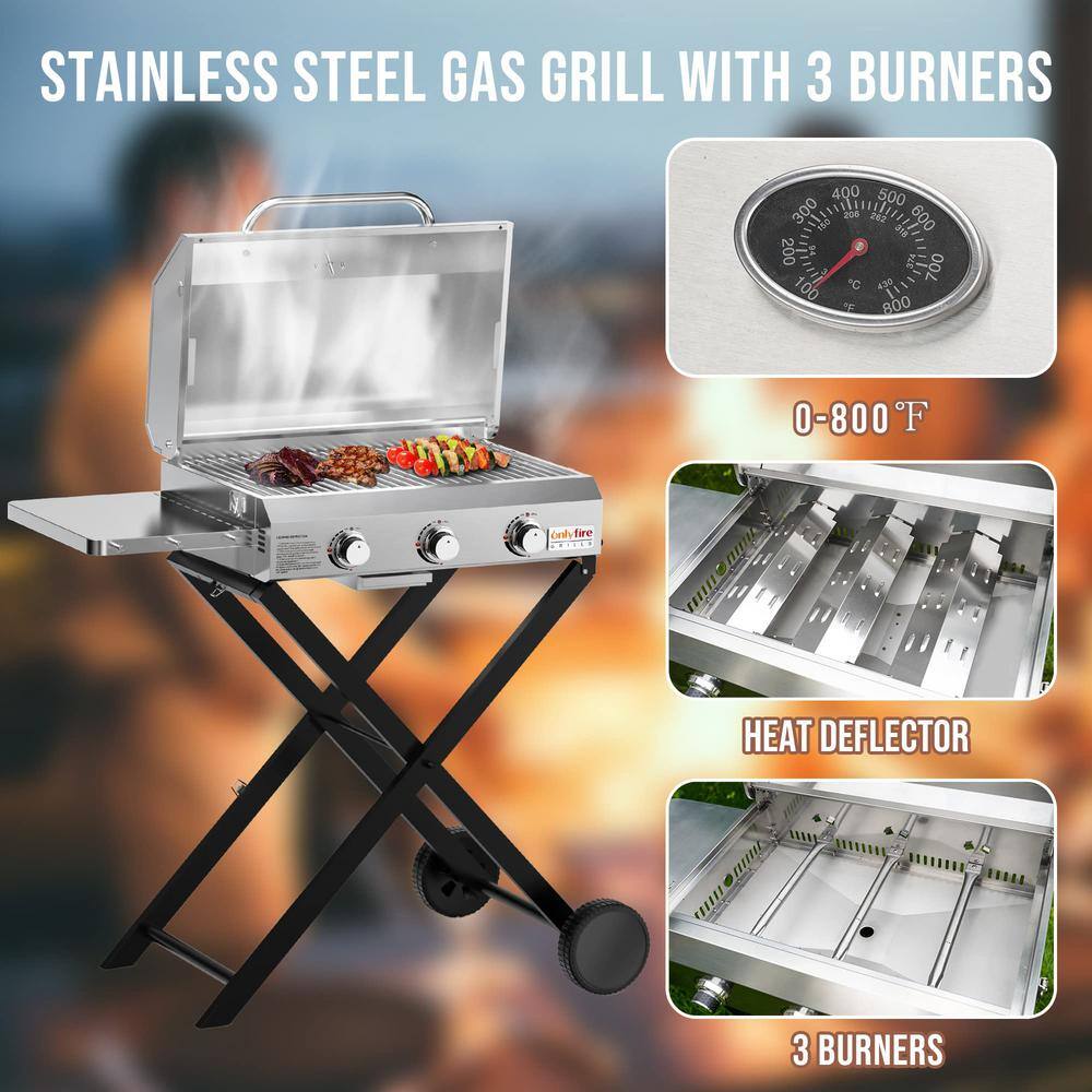 Compact Stainless Steel 3-Burner Propane Gas Grill with Foldable Cart