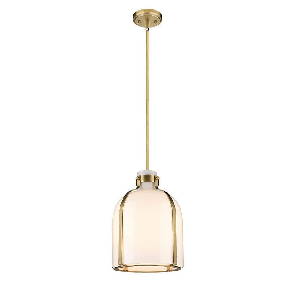 Pearson 9.75 in. 1-Light Rubbed Brass Pendant Light with White Opal Glass S