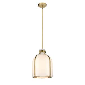 Pearson 9.75 in. 1-Light Rubbed Brass Pendant Light with White Opal Glass Shade
