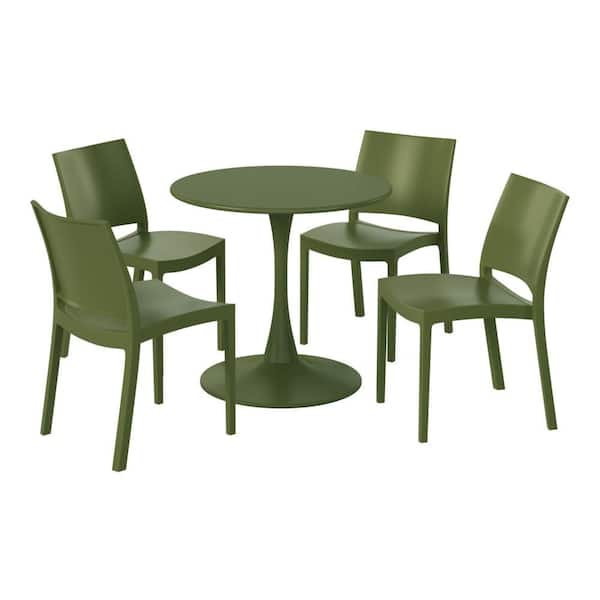 WESTIN OUTDOOR Frond and Form Outdoor Patio Modern 5-Piece Round HDPE Plastic Dining Table Set with Stackable Chairs, Olive Green