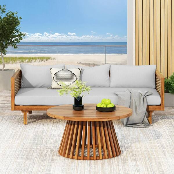 2-Piece Teak Brown Acacia Wood Patio Conversation Set with Light Gray Cushions