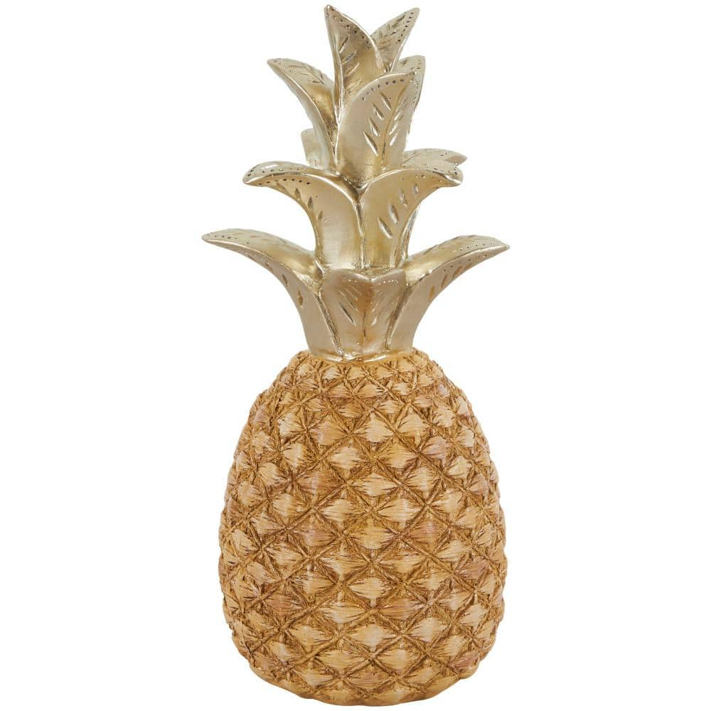 Litton Lane Gold Resin Textured Pineapple Fruit Sculpture with Carved Gold Top