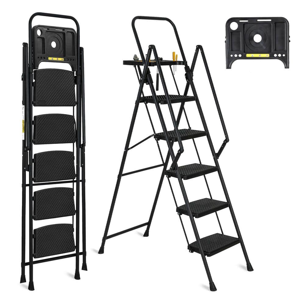 maocao hoom Foldable 5-Step, 5.5 ft. Reach Steel Step Ladder with Tool ...