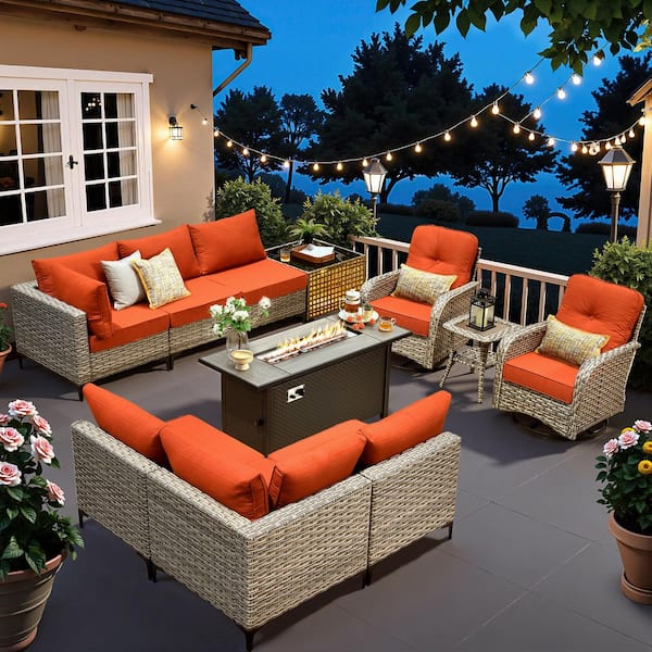 Holly Gray 11-Piece Wicker 54 in. Rectangle Fire Pit Patio Conversation Set with Bold-stripe Orange Red Cushions