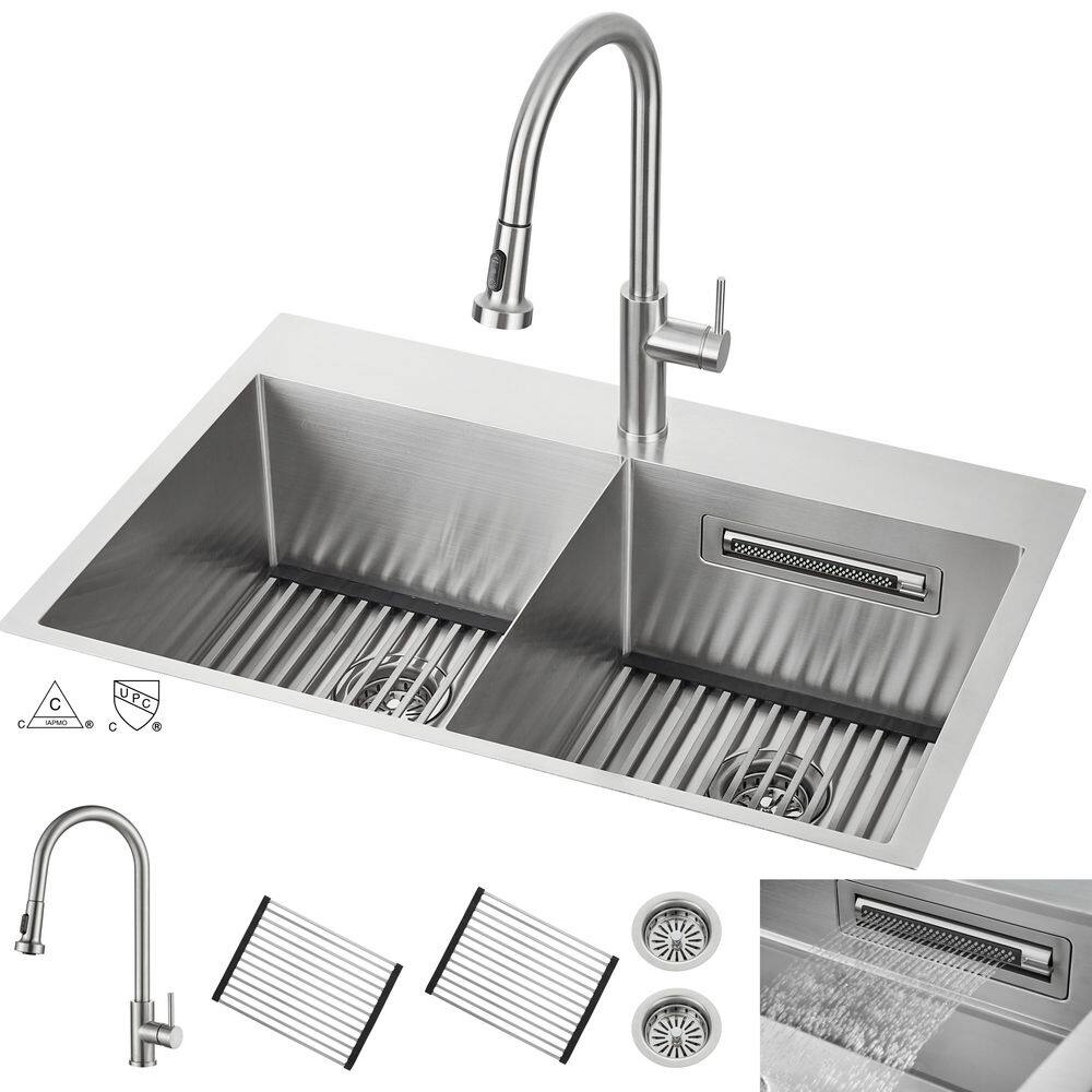 33 in. Drop-In/Undermount 50/50 Double Bowl Stainless Steel Sink with Faucet & Waterfall price history on PriceWatchPro