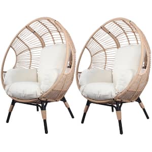 2-Piece Brown PE Wicker Outdoor Lounge Chair with Beige Cushions