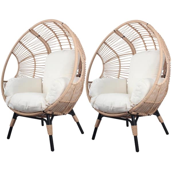 Tenleaf 2-Piece Brown PE Wicker Outdoor Lounge Chair with Beige Cushions