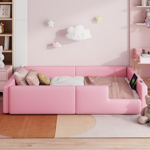 Pink Wood Frame Twin Size Upholstered Platform Bed with Guardrail and Charging Station