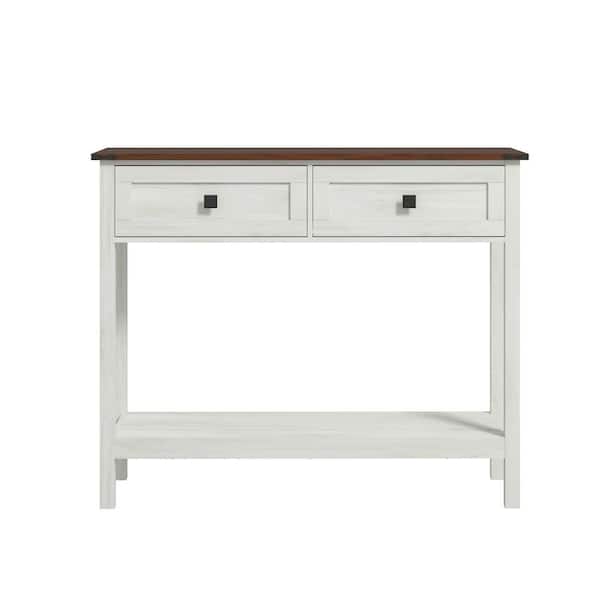 Farmhouse Style Console Table with 2 Drawer and Bottom Storage Shelf for Entryway, Rustic Side Table in White