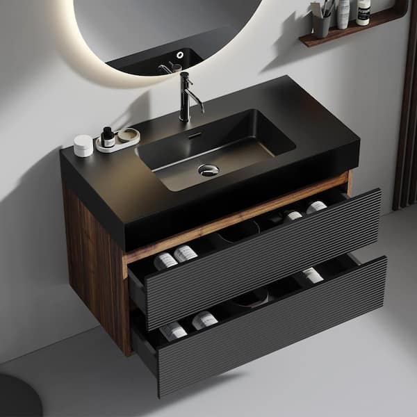 Aaby 36 in. W x 18 in. D Wall Mounted Floating Bath Vanity Cabinet in Black with Black Solid Surface Top and Sink