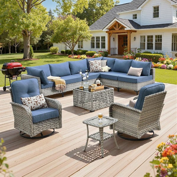 Solvoc 10-Piece Wicker Outdoor Patio Conversation Sofa Set with Denim Blue Cushion, Swivel Chair, Lights Coffee Table