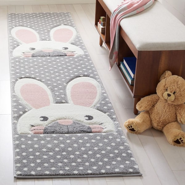 Carousel Kids 2 ft. x 8 ft. Pink/Gray Polka Dot Animal Print Runner Rug