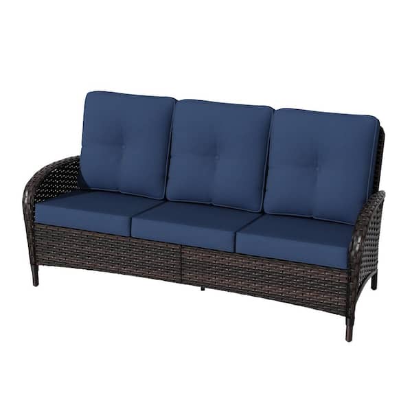 Brown Rattan Wicker Outdoor Patio 3-Seat Couch with Blue Cushions, Sofa Cover